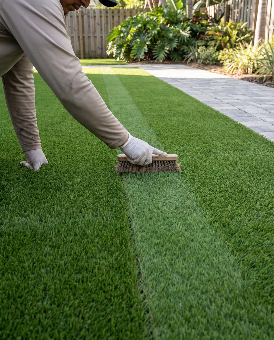Final grooming across a nearly invisible artificial turf seam beside a hardscape edge.
