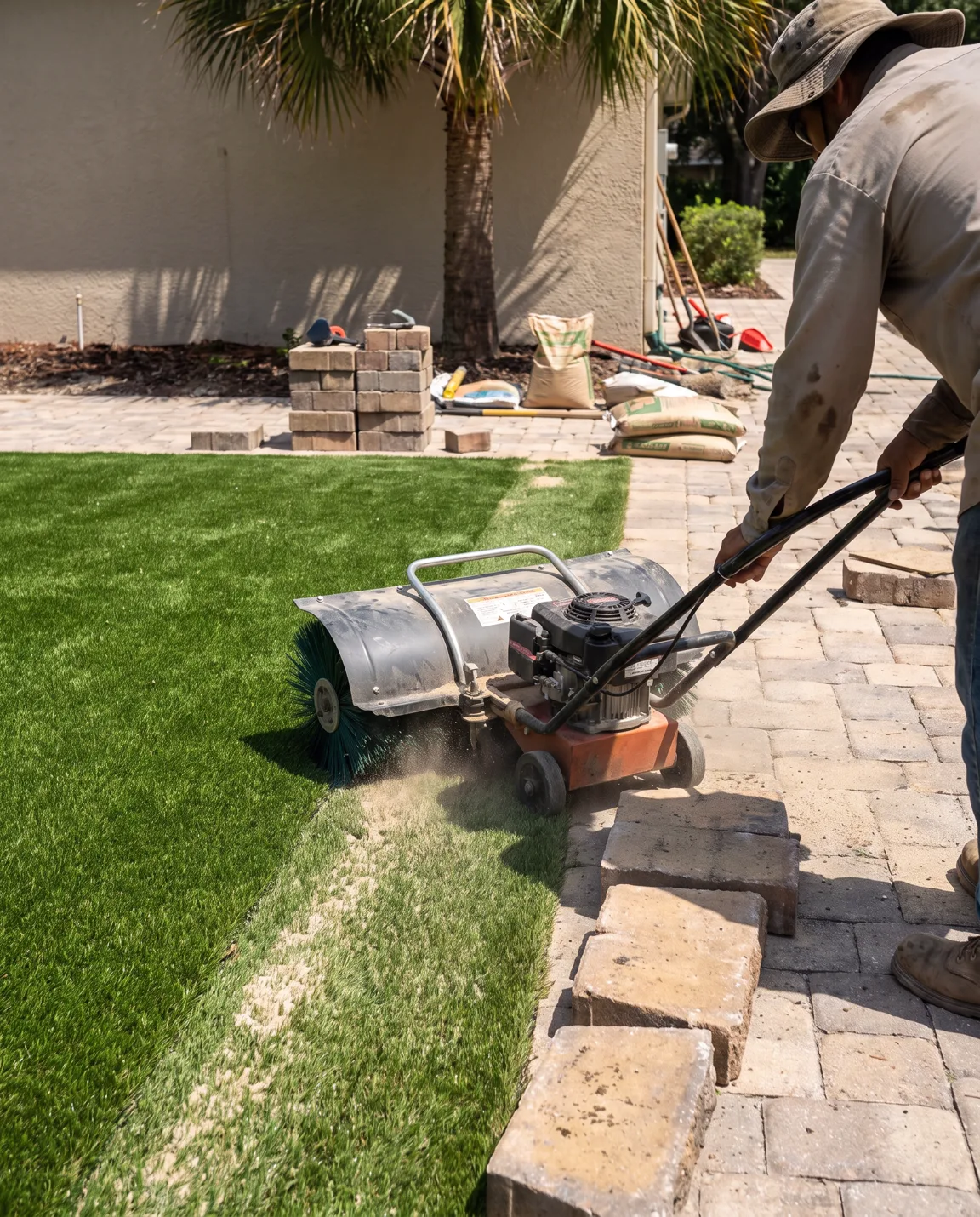 Commercial artificial turf transition at a high-traffic hardscape edge.