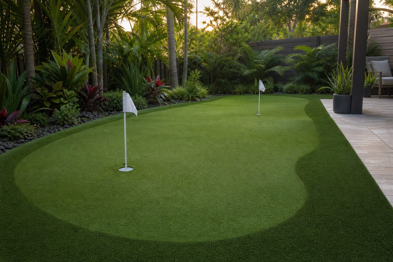 Compact artificial turf putting green and surrounding fringe