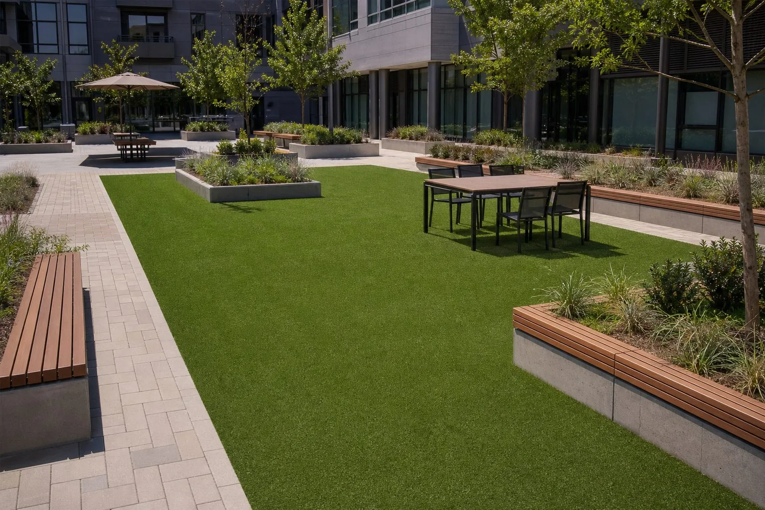 Commercial courtyard with artificial turf, seating, paths, and planters
