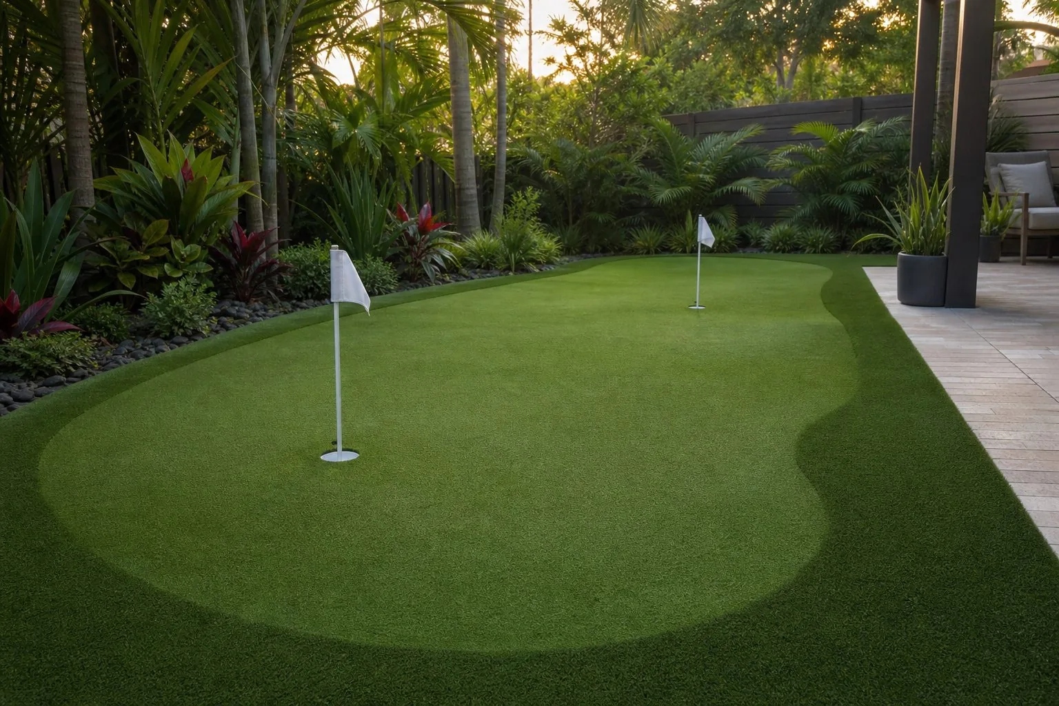 Backyard putting green with two cups, subtle contours, and a short fringe