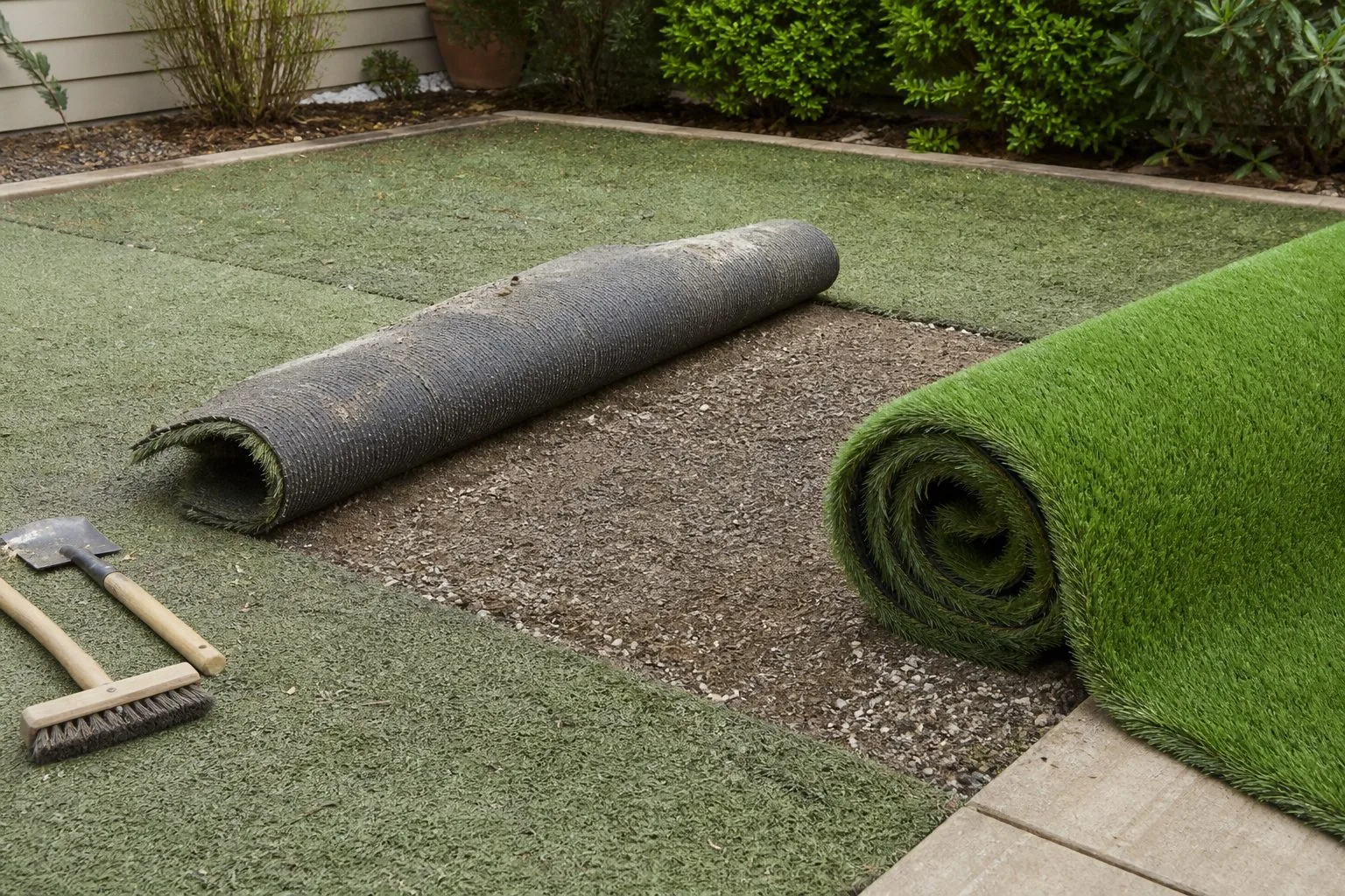 Worn turf rolled back beside fresh replacement material